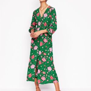 NWT Boden Cynthia Button Tea Dress Rich Emerald, Carnation Vine